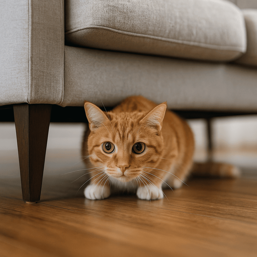 Gato atigrado naranja escondido debajo de un sofá gris, mirando con ojos muy abiertos en actitud de alerta y estrés.
